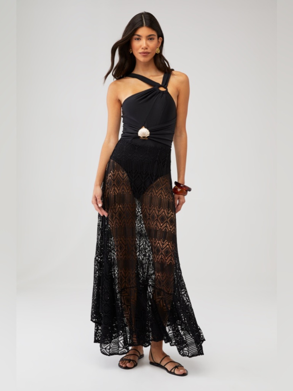 New PatBO black asymmetric beach mesh dress